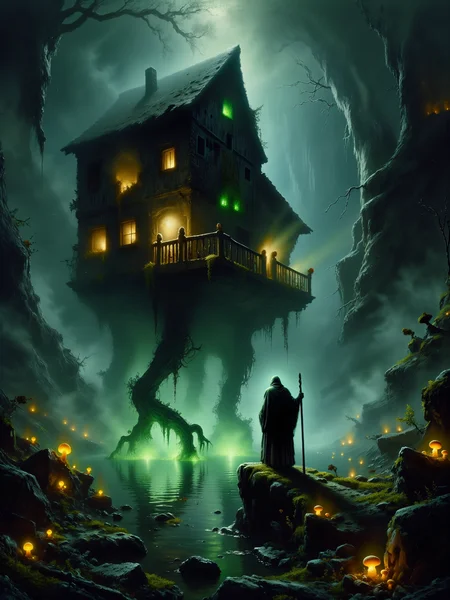 highly detailed dark fantasy-style painting of baba yaga, the witch, in front of her iconic hut on chicken legs, inspired by j.m.w. turner's shade and darkness - the evening of the deluge, eerie and foreboding atmosphere, romanticism, impressionism, surrealism, crepuscular rays, a mist-shrouded ancient primeval forest with otherworldly vegetation, thick with twisted, gnarled trees that loom menacingly over a swamp, tendrils of fog snake along the ground, dense underbrush cloaked in shadows, the landscape is wild, overgrown, and untamed, poisonous creeping vines and roots sprawled in every direction, and amidst the mist stands baba yagaâs infamous, surreal hut perched on two gigantic chicken legs, the hut appears crooked and unstable, yet it towers above the swamp, its twisted wooden structure covered in decaying moss and old, weathered runes, skulls and ominous talismans hanging from the roofâs edge, the foreground is filled with gnarled roots, glowing mushrooms, bioluminescent poisonous-looking swamp flowers, mossy rocks, and decaying leaves, in the background, ancient primeval trees stretch upwards into the mist, their branches clawing at the sky, the oppressive fog wraps everything in a suffocating grip, with baba yagaâs hut standing out in stark contrast, glowing faintly from within, baba yaga stands in the foreground, an old hag, her silhouette hunched, her long grey hair blowing wildly in the night breeze, she is cloaked in tattered robes of dark, earthy tones, her bony hands clutching a twisted wooden staff adorned with bone charms and feathers, her piercing eyes glow with a malevolent light as she gazes at the viewer, her expression twisted with a knowing, sinister grin of dark amusement, her hutâs massive chicken-like legs are mid-step, bent as it moves through the swamp, surrounded by swirling mist, the wooden structure ancient and weathered, the door slightly ajar as though beckoning to anyone foolish enough to approach, low-angle wide shot, the viewer looks up at baba yagaâs imposing figure and the towering hut, emphasizing their size and power, the hut looms ominously in the background while baba yaga stands near the foreground, her hutâs massive legs stepping through the swamp, casting ripples in the murky water below, the low angle creates a sense of looming danger and an overwhelming presence, the scene is dimly lit by the soft glow of the moon, with dappled moonlight filtering through clouds, faint beams of moonlight create dappled shadows across the swamp, the hut itself glows faintly from within, with eerie green and yellow light casting ominous reflections on the murky swamp waters, subtle backlighting from the moon gives baba yagaâs figure an ethereal yet malevolent outline, faint glowing sparks of magic trail from baba yagaâs staff, swirling with the mist, enhancing the dark, mystical feel, dark fantasy aesthetic with surreal elements, emphasizing mood and atmosphere, textures of decaying wood, damp earth, and creeping mist are prominent, creating a vivid sense of place and foreboding, style of carl spitzweg, <lora:style-carl_spitzweg-flux-by_tangbohu:0.88> <lora:image_enhancer-flux-by_dever:1.0>