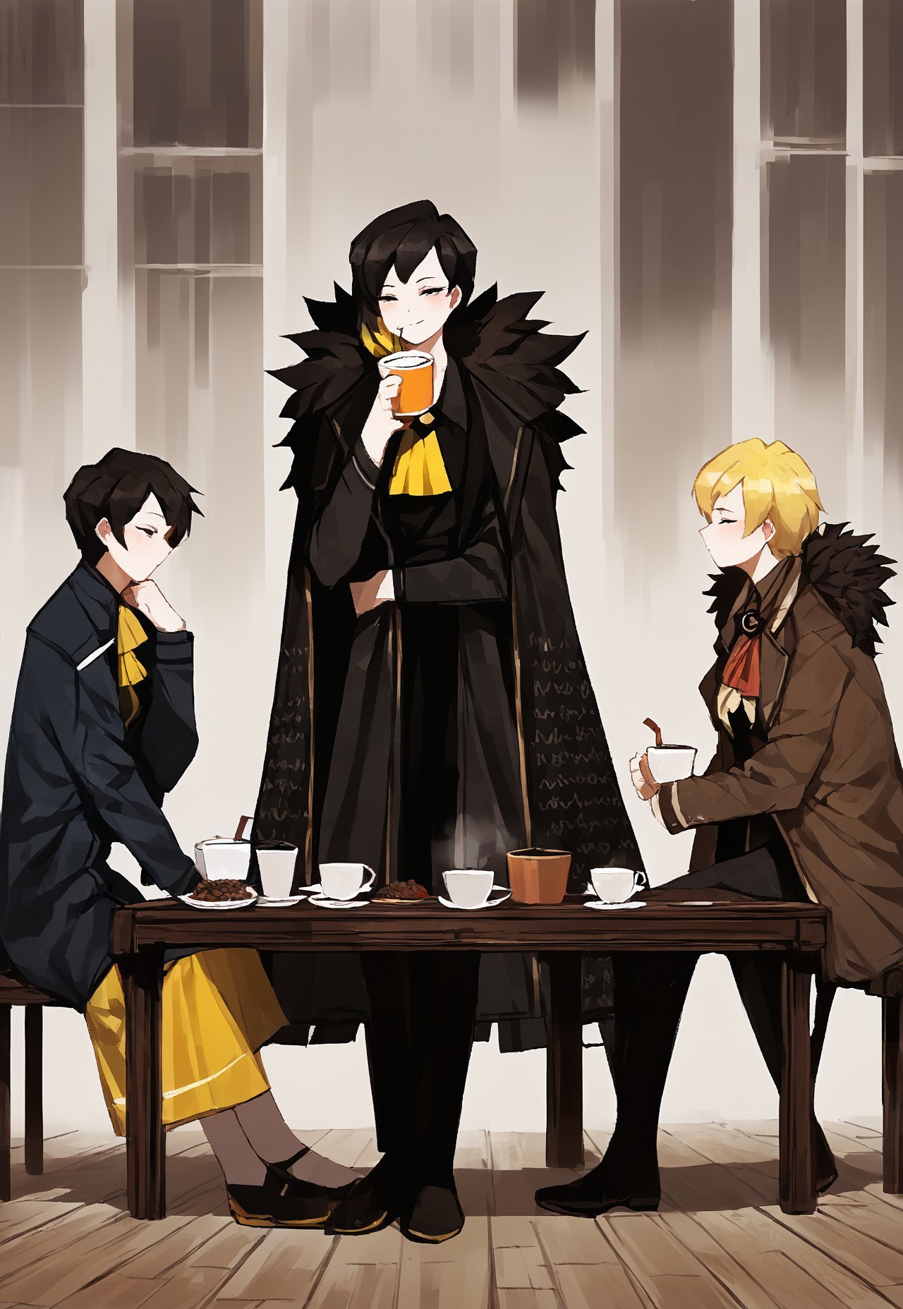 safe_pos, BREAK, 
(score_9, score_8_up, score_7_up, score_6_up, score_5_up, score_4_up), colored image, 
BREAK, 
BinahPM, multicolored hair, black hair, yellow hair, black eyes, short hair, BinahLOR, black dress, yellow ascot, black pants, black footwear, black coat, open coat, fur trim, medium breasts,
BREAK,
((solo, woman, one character)), full body view, detailed, sitting at the table and drinking tea, detailed face 