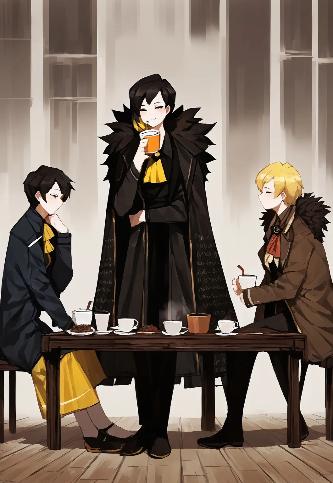 safe_pos, BREAK,
(score_9, score_8_up, score_7_up, score_6_up, score_5_up, score_4_up), colored image,
BREAK,
BinahPM, multicolored hair, black hair, yellow hair, black eyes, short hair, BinahLOR, black dress, yellow ascot, black pants, black footwear, black coat, open coat, fur trim, medium breasts,
BREAK,
((solo, woman, one character)), full body view, detailed, sitting at the table and drinking tea, detailed face