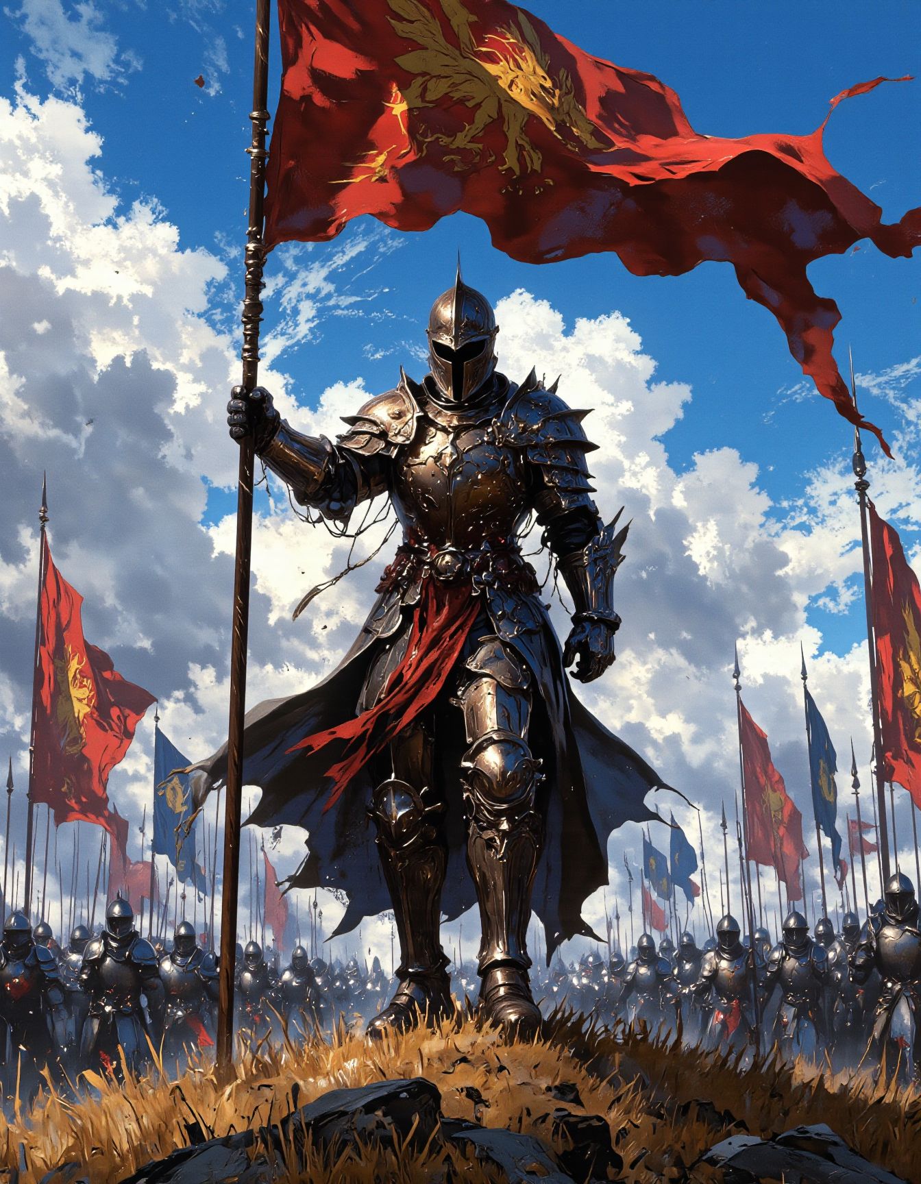 a powerful and epic scene in a dramatic, painterly style, reminiscent of fantasy war art: A heavily armored knight dominates the foreground, striding forward with immense presence. The knight is clad in ornate, dark metal plate armor with gold trim and intricate designs, a helmet fully obscures their face, adding to their imposing figure.  They powerfully grip a tall wooden pole topped with a large, waving red and gold banner, featuring a heraldic design, a griffin. A red sash is tied around the knight's waist, flowing in the wind. Behind the central knight and receding into the background, a large formation of similarly armored soldiers march forward, carrying spears and their own smaller banners, creating a sense of a vast army on the move. The terrain is grassy and somewhat uneven, suggesting a battlefield. The sky above is blue with scattered white clouds. The lighting is strong and directional, possibly midday sun, casting dramatic shadows and highlighting the textures of the armor, banners, and landscape. Capture the heroic and warlike atmosphere of a leader inspiring troops into battle, emphasizing movement, power, and dynamic composition, <lora:aidmaMJ6.1_v0.5_3:0.6>, <lora:dark_fantasy_flux:0.6>, <lora:Elden_Ring_-_Yoshitaka_Amano:0.4>, <lora:FantasyWizardWitchesFluxV2-000001:0.5>, <lora:RetroAnimeFluxV1:0.35>, <lora:Vibrantly_sharp_style_v.2:0.8>, <lora:绪儿 CG风滤镜FLUX:0.5>