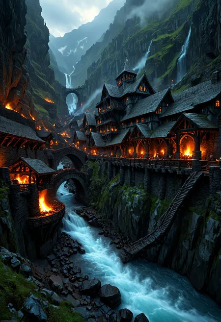 Best quality, masterpiece, 32k, UHD, high detailed,
The picture shows dwarven forges, which are crowded on the mountain slopes and the walls of the gorge. Arched stone bridges stretch between the forges. Long pipes stretch upward from the gorge, dozens of furnace lights burn with an ominous fire. A large water mill wheel slowly turns, driven by the current of the river at the bottom of the gorge. Gloomy sky, light rain.
cinematic, illustration, epic,