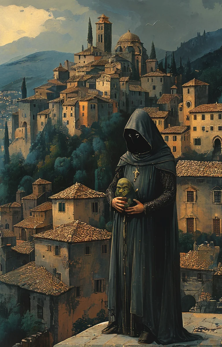 masterpiece,best quality,<lora:tbh184-sdxl:0.8>,illustration,style of Antonello da Messina, Nazgul over sleeping town