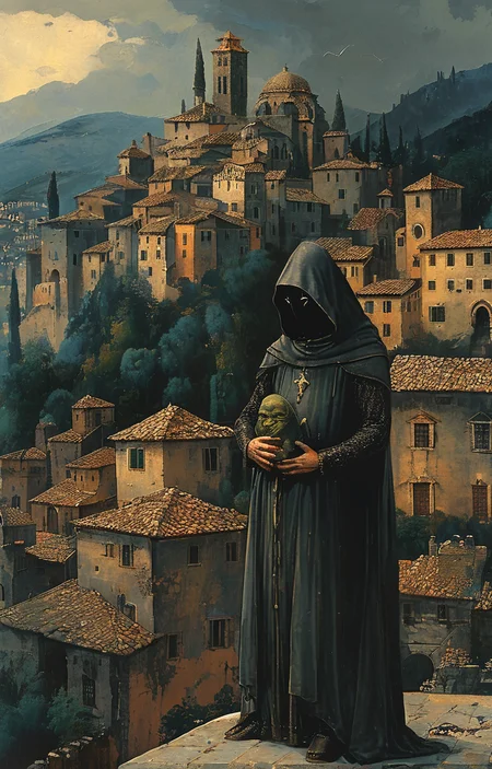 masterpiece,best quality,<lora:tbh184-sdxl:0.8>,illustration,style of Antonello da Messina, Nazgul over sleeping town