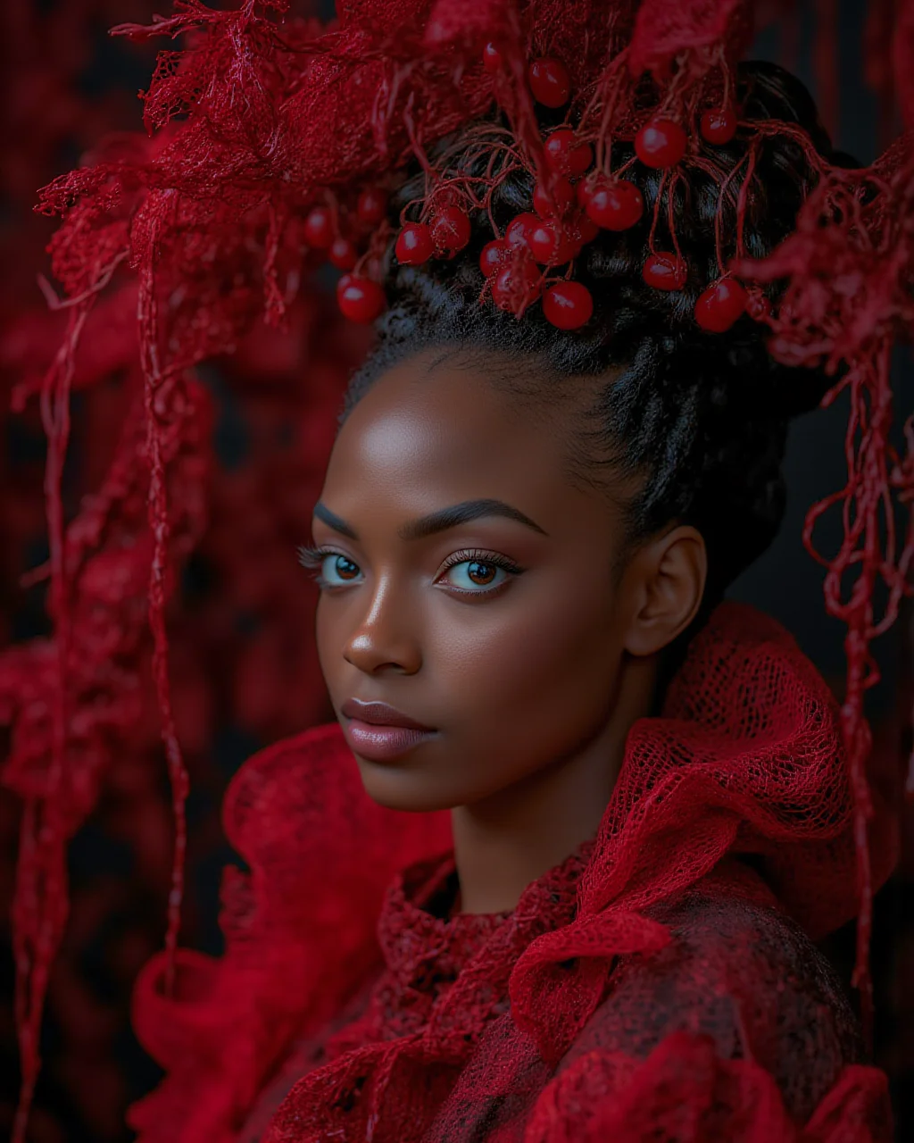 close up portrait, analog photo,photoart_style,realistic,film grain,4k,dark red colored, character design,vogue, prada, versace, glamourous, fashion world, fashion, magazine shoot, fluffy style, dreamy glow, extraterrestrial, kitsch outfit,((intricate abstract background from vines)),(classic portrait, Rembrandt lighting),dark background,volumetric natural light, epic atmosphere,perfect composition, highly detail, enchanted,deep rich vivid colors, perfect symmetry, great composition, complimentary colors, beautiful elegant stylish, intricate detail<lora:Flux\mine\subsurface_scattering_skin.safetensors:1.0:1.0> <lora:Flux\mine\noshine_v2.safetensors:0.4:0.4> <lora:Flux\FluxMythP0rtr4itStyle.safetensors:1.0:1.0>
