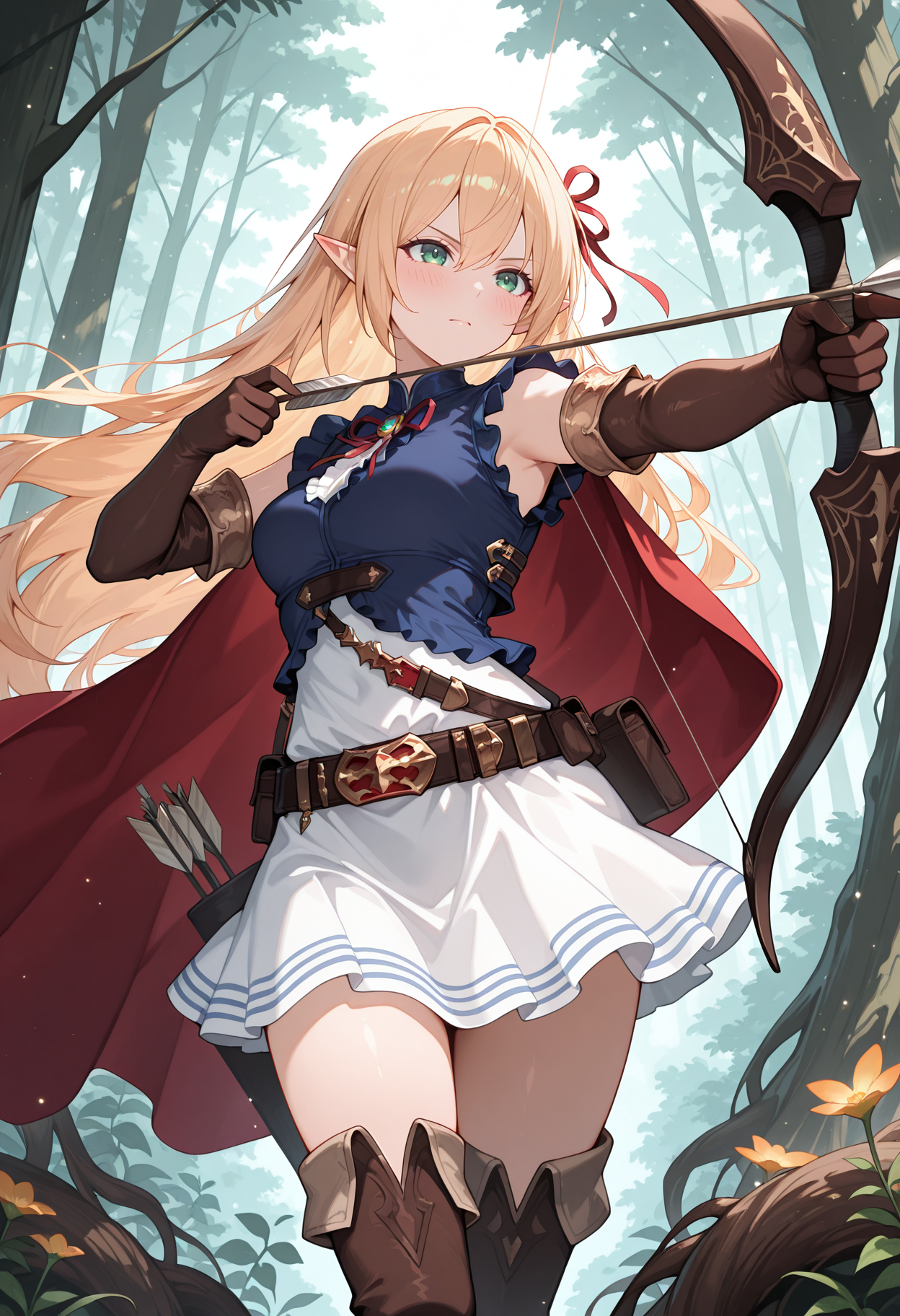 highres, best quality, masterpiece, outdoors, forest, light particles, flower, plant roots, 
1girl, solo, cygarisa, elf, long hair, blonde hair, pointy ears, green eyes, hair ribbon, red ribbon,
cyaridef, blue shirt, center frills, sleeveless shirt, high-waist skirt, white skirt, belt, belt buckle, elbow gloves, brown gloves, thigh boots, red cape, belt pouch,
serious, blush,
bow \(weapon\), arrow \(projectile\), holding bow \(weapon\), quiver, aiming,
<lora:_arisa_shadowverse-elesico-ilxl-000014:1>