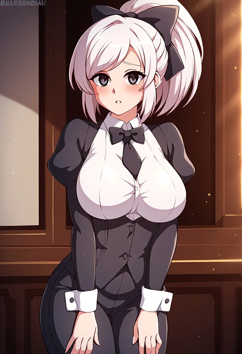 score_9, score_8_up, score_7_up, score_6_up, score_5_up, score_4_up, source_cartoon, <lora:confetti-extract- ponyxl:0.85>, detailed eyes, easynegative, rating_explicit, Expressiveh, 1girl, solo,
Geraldine, shirt, long sleeves, white shirt, white hair, ponytail, sidelocks, thighs, hair bow, collared shirt, pants, puffy sleeves, bowtie, black eyes, wrist cuffs, black bow, dress shirt, swept bangs, black pants, high ponytail, juliet sleeves, black bowtie, sleeve cuffs, traditional bowtie, necktie, big breasts, blush, shy, bluesenpai