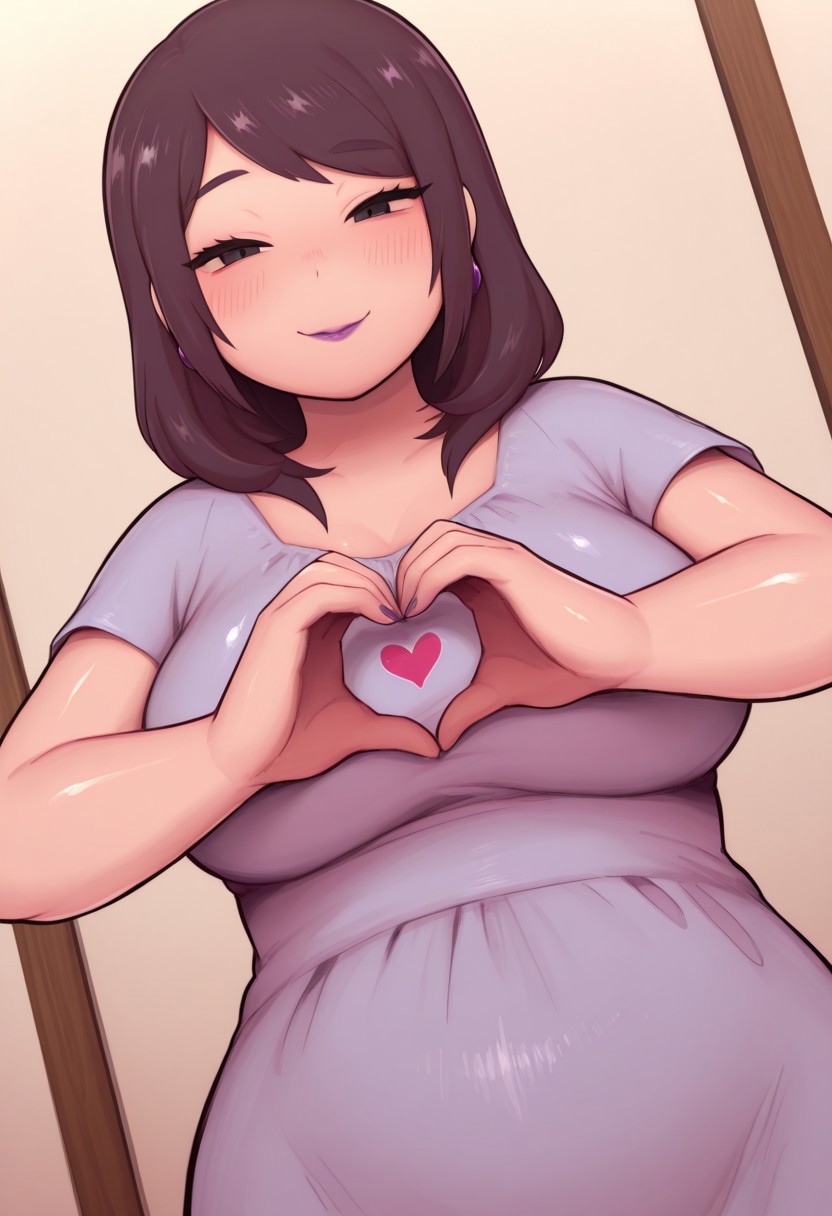 kusonikumarukun,  1girl, solo, medium build, medium hair, sfw, safe for work, covered skin, flowy dress,  black eyes, purple lipgloss, smiling, portrait, upper body, heart hands, mature female, foreshortening, detailed, newest, shiny skin, cowboy angle, solo focus, medium breasts,