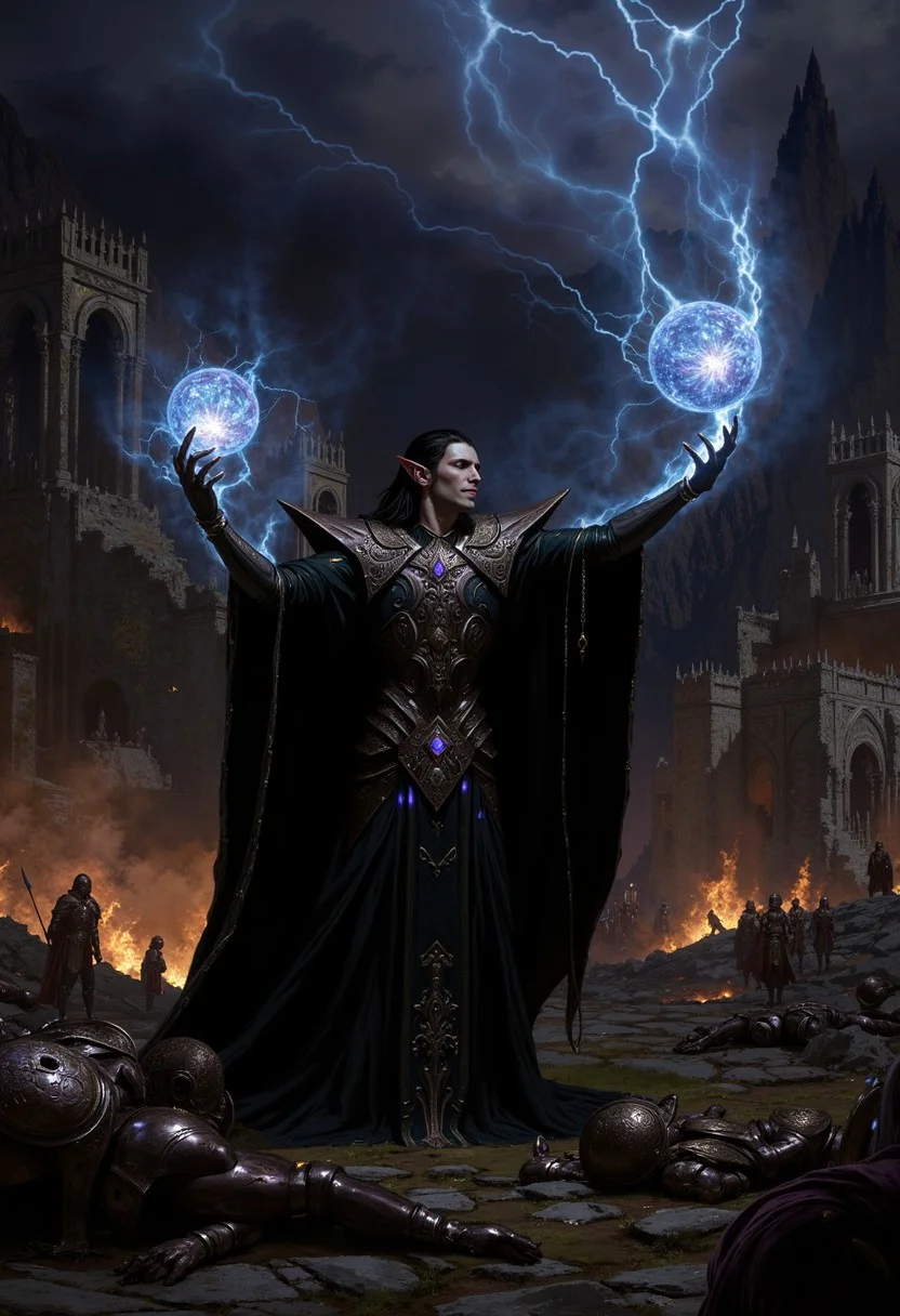 Fantasy Stormy night. Smiling elven mage in dark robes. The slim, black haired elf spreads his arms, summoning flaming spheres and fireballs. The elf is wearing long black robes, ornate with silver and violet gems. The elf is an elegant, cleanshaven man with androgynous features and pale skin. He stands in the middle of ruined fantasy castle. The ruins are burning, bodies of dead armored warriors litter the ground.
In the fark background there are dark rocky mountains and dark cloudy sky, crackling with blue lightnings.