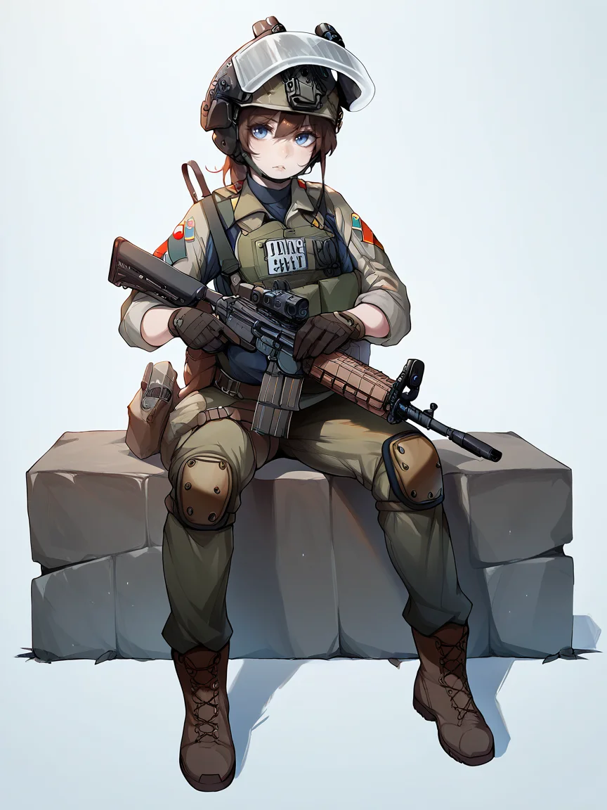 score_9, score_8_up, score_7_up, score_6_up, score_5_up, <lora:tacticalclothesXLP:1> tactical clothes, 1girl, gun, weapon, solo, gloves, helmet, blue eyes, knee pads, military, rifle, brown hair, holding, assault rifle, holding weapon, holding gun, military uniform, boots, pants, looking at viewer, ar-15, uniform, sitting, full body, black gloves