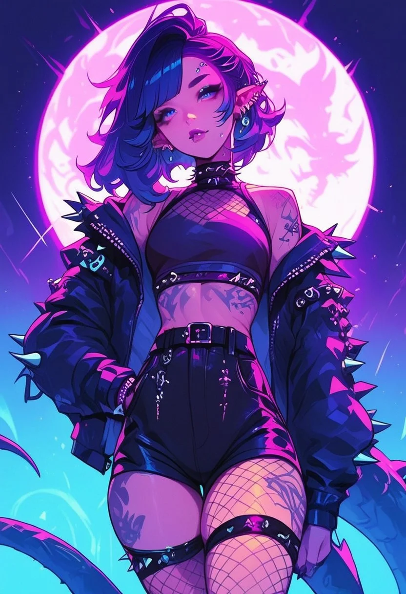score_9, score_8_up, score_7_up, score_6_up, a woman with hair colored blue and purple wearing all black clothing and fishneted stockings, 1girl, solo, pointy ears, spikes, shorts, piercing, tattoo, fishnets, jacket, ear piercing
Expressiveh