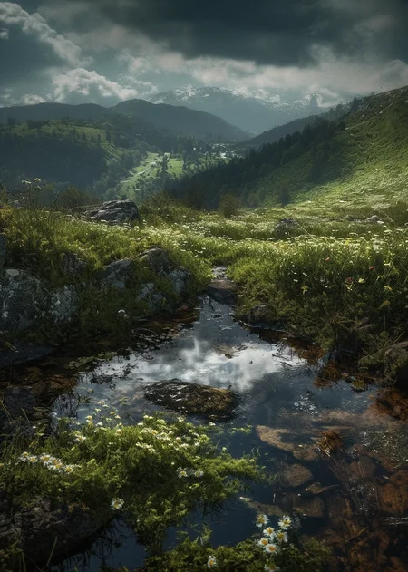 (no human:1.18), (scenic open {landscape|nature photography}:1.32) view over ({Mountain peak|rolling hills|rocky outcrop|tall redwood tree} overlooking ({a serene (narrow lake:1.26) at dawn or dusk for a dramatic sky|vast wild forest landscape|arid and dry deserted landscape|a warm and colorful springtime landscape|a cold and white winter landscape, blizzard, snowy, snow covered tree,|tree covered mountain island, exotic island, white sandy beaches, {Turquoise|cyan} colored ocean, }) and reflection in a vast scenic landscape photography,
{Rocky (narrow:1.26) creek bed, smooth stones, mossy banks, Spring flowers: daisies, violets Mountain meadow: lush green, wildflowers, |Sparkling (narrow:1.26) water, sunlight dancing, (Waterfall: faint mist, cascade), (Alpine meadow: grass, heather:1.06) |(narrow:1.26) stream, Streamside stones, rounded pebbles, Mountain wildflowers: lupines, gentians, Lush meadow: clover, buttercups, |(narrow:1.26) Shallow creek, clear water, Rocky outcroppings, Meadow grass: swaying, verdant, |(Gurgling Brook:1.1), Water ripples, Flowering slope: columbines, forget-me-nots, Green hills, |(Creek bed pebbles:1.24), (polished stones:1.16), (Spring growth: ferns, moss), Alpine meadow: dandelions, sage, |Mountain stream, Fish swimming, Boulder-lined creek, Vibrant meadow: poppies, irises, |(Rocky creek:1.12), Clear water: reflections, Wildflower meadow: buttercups, daisies, Mountain vista, |(Streambed stones:1.12), Waterfall: , clear, Mountain meadow: grasses, lupines, Blue skies, |Alpine creek, Polished rocks, Springtime meadow: violets, daffodils, Rugged mountains, |Clear creek water, Fish schools, Meadow grasses: swaying, Rocky cliffs, |Peppery creek, (Mossy stones:1.1), Mountain meadow: clover, daisies, Distant peaks}, (__dom/daytime__),
{(dark:1.12)(moody:1.38), (black and white photography:1.12), (grayscale:1.38), (ominous shadows:0.85), (rainbow gradient:1.26) (outstanding vibrant colored object:1.18), (monochrome spot color:1.01), (neonglowpunk-doodlez-style:0.99) |},<lora:sdxl\zy_Realism_Enhancer_v1.safetensors:0.85:0.18> p4,s4