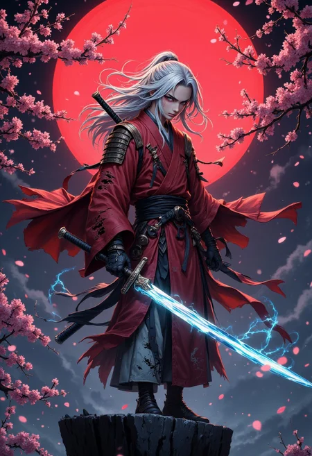 "A fierce samurai with flowing silver hair, wearing a tattered red kimono, standing on the edge of a cherry blossom-covered cliff under a blood-red moon, his katana glowing with an ominous blue energy."
aidmaMJ6.1