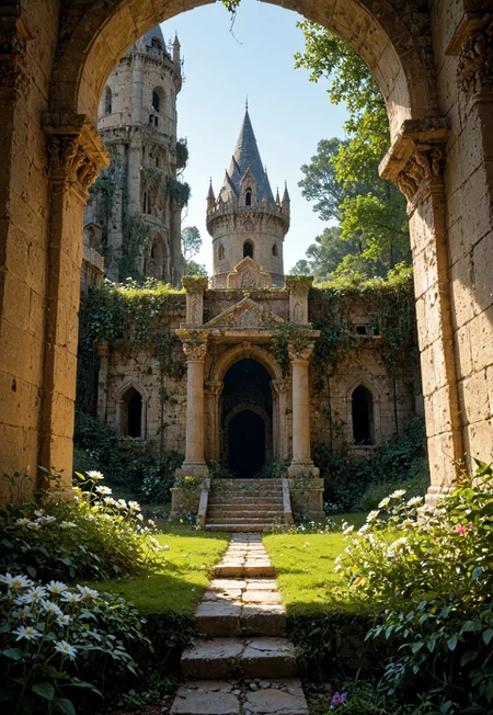 In the quiet stillness of dawn, the serene twilight envelopes the ancient castle ruins, creating an atmosphere of tranquil beauty. The crumbling stone walls are draped in ivy and moss, with wildflowers blooming amidst the decay. The soft, golden light of dawn filters through the ruins, casting long, dramatic shadows and highlighting the intricate details of the once-grand structure. The air is filled with the scent of damp earth and the faint, lingering fragrance of decaying flora, adding a touch of melancholy to the scene. In the background, a lush, overgrown garden surrounds the ruins, where once-vibrant flowers now whilst, creating a sense of floral decay. The scene is imbued with a sense of ethereal magic, as if nature is slowly reclaiming the ancient castle.
 (8k uhd:1,4)
 <lora:add-detail-xl:1>
 <lora:Dynamic Poses:1>