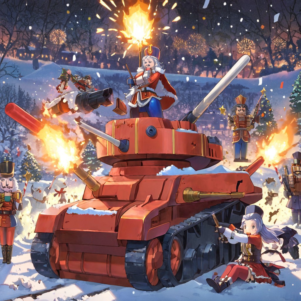 retanime, Mike Deodato, midjourneyv6.1, nutcracker, hyper-detail, hyper-realism, cinematic, intricate detail, detailed background, masterpiece, best quality, high quality, highres, absurdres, very detailed, high resolution, sharp, sharp image, aesthetic, Score_9, score_8_up, score_7_up, score_6, source_anime, vibrant, colorful, retro_artstyle, 1990s_(style), A futuristic battle tank designed with a nutcracker theme, blending advanced technology with festive aesthetics. The tank’s chassis is painted in bright, holiday-inspired colors: deep red, gold, and royal blue, accented by bold stripes and ornate patterns resembling a nutcracker soldier’s uniform. Its turret features a stylized nutcracker face with a large, hinged jaw that opens to fire energy blasts or confetti-like projectiles. The cannon is shaped like a candy cane, glowing faintly with high-tech energy, while smaller side-mounted guns resemble toy soldier drums. The tank’s treads are detailed with snowflake patterns, leaving festive imprints in the snow as it moves. The entire design glows softly with embedded LED-like lights, evoking the warmth of holiday decorations. The background is a snowy battlefield, with broken ornaments and scattered gifts adding to the festive chaos, creating a playful yet imposing war machine.