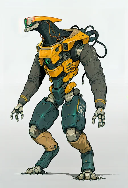 <lora:HeavyTechILXL:1> h3avyt3ch,
robot, no humans, mecha, solo, standing, cable, open hands, full body, grey background, white background, simple background, non-humanoid robot, masterpiece, best quality, amazing quality, intricate detail, highly detailed, absurdres, very aesthetic, dynamic lighting, detailed background, scenery, (volumetric lighting)
