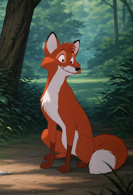 core_9, score_8_up, score_7_up, score_6_up, score_5_up, score_4_up, detailed background, detailed face, 1boy, solo, male, tod, cartoon, white color at the end of the tail, furry, red, 2d, disney style, white belly, animation, fox tail, fox