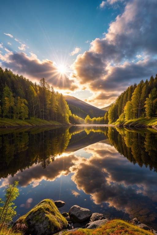 RAW photo, Norway, dream nature, primeval wild, picturesque forest, bright clouds, beautiful sky, sun, epic landscape, spring lake, colorful scenery, desolate atmosphere, realistic, masterpiece, 8k resolution, ultra detailed, vivid colors, high quality,