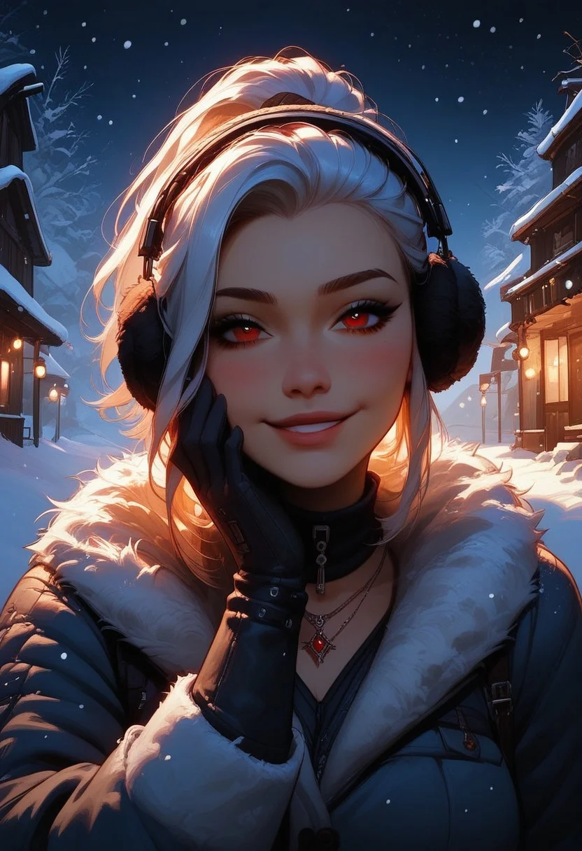 score_9, score_8_up, score_7_up, score_6_up, 1girl, breasts, necklace, sexy face, ponytail hairstyle, winter coat, earmuffs, gloves, winter boots, white hair, long hair, red eyes, shy smile, blushing, beautiful lights, flirtatious, looking at viewer, seductive, Outside, snowing, snowflakes falling,
View from the front, face focus, closeup, close up,