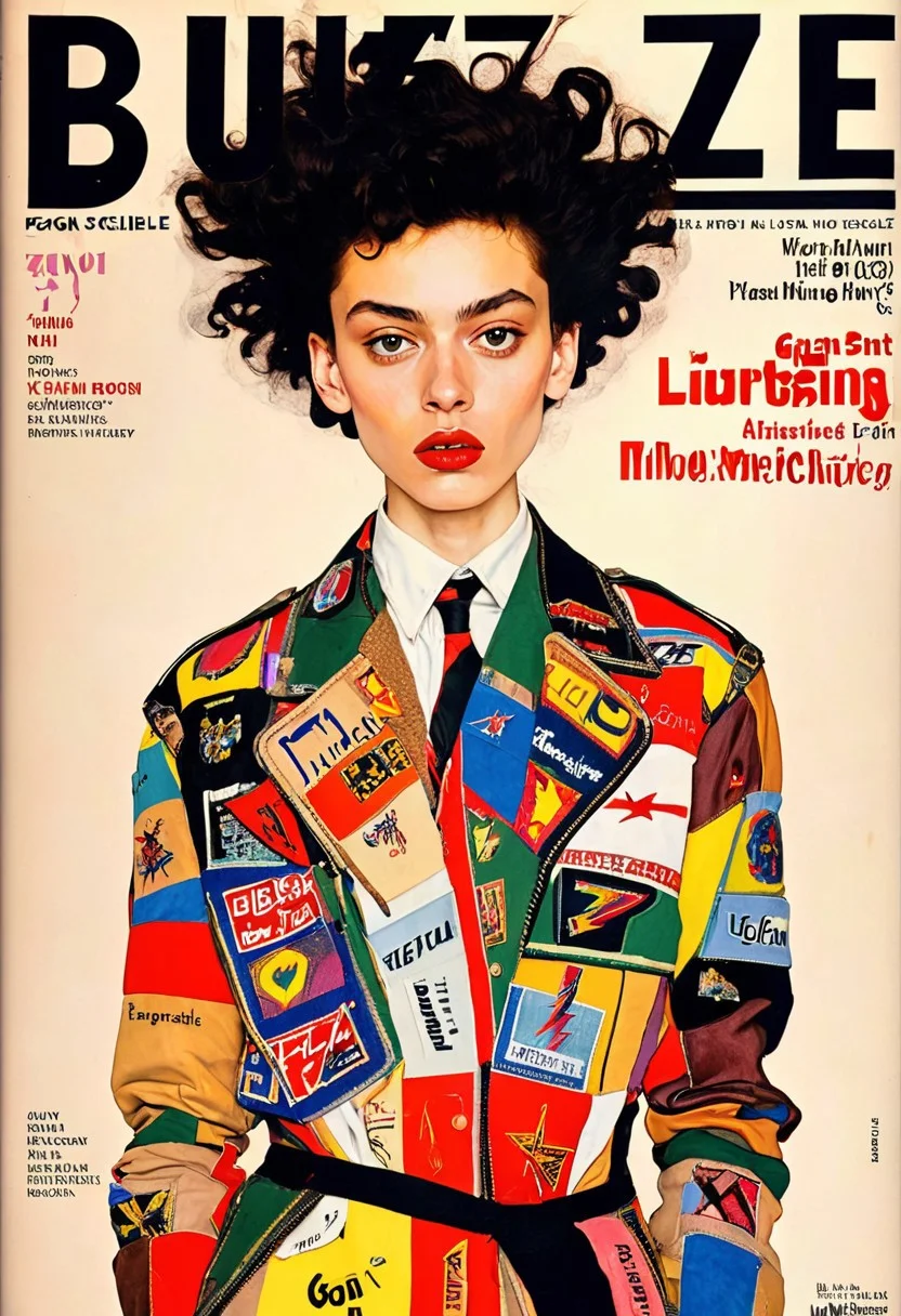 Egon Schiele artstyle, high fashion creative magazine cover, giant psychedelic ⚡ lightning bolts, 19 year old slim international mixed ethnicity supermodel, medium breasts, magazine title is "BUZZ". Many embroidered patches with "BUZZ", "BUZZ" written in letters