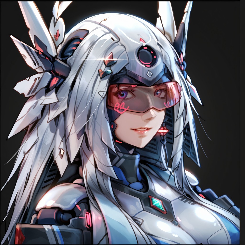 uaf-character, |||, breasts, humanoid robot, mecha musume, medium breasts, silver hair ornament, uaf_neuko, upper body, glowing, android, visor, smile, black border, uaf-portrait, robot girl, robot, uaf_redblue_backlight, parted lips, solo, uaf_red_blue_ilumination, helmet, simple background, 1girl, 80swa, Expressiveh, score_9,score_8_up,score_7_up, 20 years old, 8k, hd, beautiful korean girl, , ultra realistic, hyper realistic, detailed face, natural huge breasts, beautiful woman's face, <LoRA: uafPortraits-000110>, <LoRA: uaf Wt: 1>, pureerosface_v1, (PureErosFace_V1:0.8)