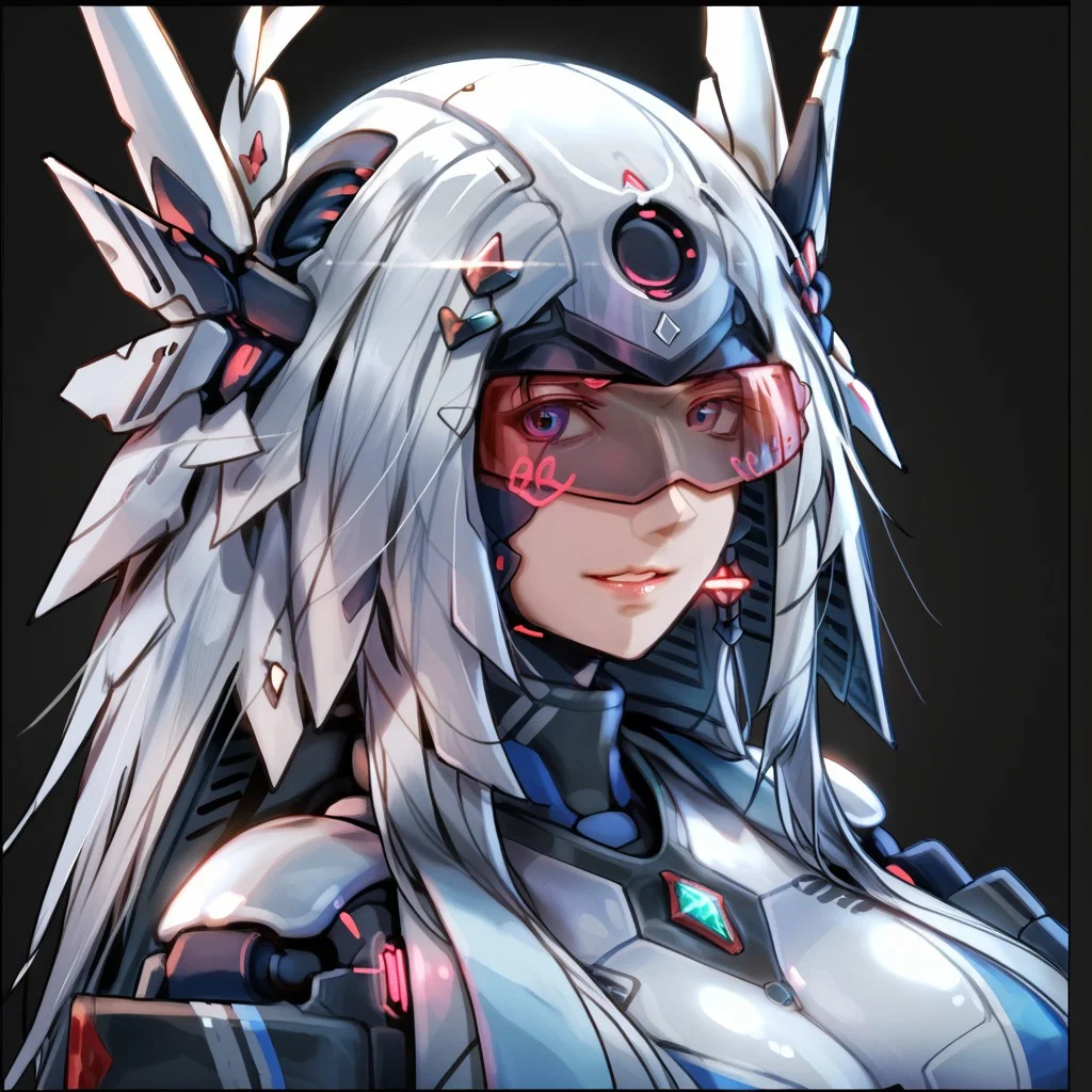 uaf-character, |||, breasts, humanoid robot, mecha musume, medium breasts, silver hair ornament, uaf_neuko, upper body, glowing, android, visor, smile, black border, uaf-portrait, robot girl, robot, uaf_redblue_backlight, parted lips, solo, uaf_red_blue_ilumination, helmet, simple background, 1girl, 80swa, Expressiveh, score_9,score_8_up,score_7_up, 20 years old, 8k, hd, beautiful korean girl, , ultra realistic, hyper realistic, detailed face, natural huge breasts, beautiful woman's face, <LoRA: uafPortraits-000110>, <LoRA: uaf Wt: 1>, pureerosface_v1, (PureErosFace_V1:0.8)