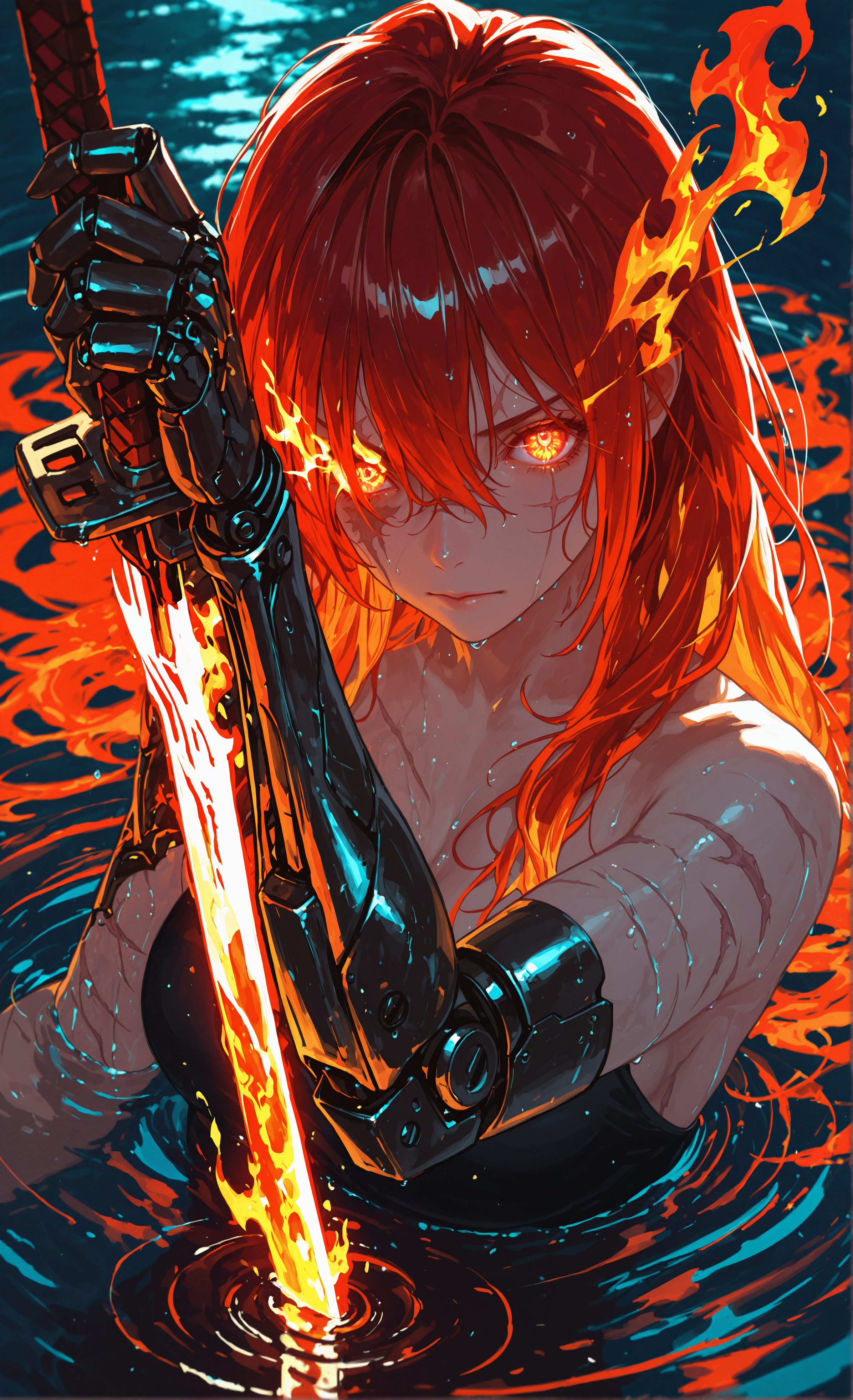 masterpiece, high quality, sharp detail, intricate detail, detailed hair, 1girl, <lora:HassaKu_style:1> HassaKu_illu, realistic, solo, flaming eye, weapon, magenta eyes, sword, scar on arm, glowing eyes, looking at viewer, holding, water, mechanical arms, holding weapon, partially submerged, long hair, holding sword, cuts, bare shoulders, reflection, red hair, hair between eyes, single mechanical arm, closed mouth, breasts, glowing eyes, multiple scars, wet, prosthetic arm, upper body, glowing eye, ripples, scar on face, one eye covered, fire, arm up,   upper body, detailed pupils, intricate eyes, v-shaped eyebrows,  glowing weapon, glowing sword, reflective water,