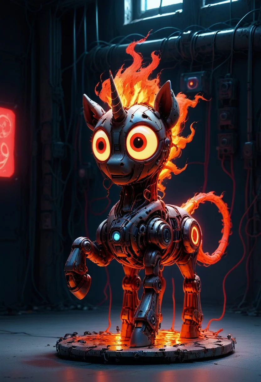 evi@decrepPunk, unicorn, mechanical unicorn with fire aura, fazing through a electrified streaming rainbow, fire, flames, tehno machines, crowd of robots, neon walls