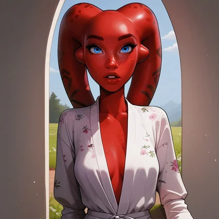 safe_pos, ((Twi'lek woman, purple skin, purple lekku, stunning blue eyes, 18 years old)), (perfect hourglass figure, feminine hips, perfect round ass, perfect medium breasts), (skin detail, freckles, moles:1.4), walking through a meadow, wearing a simple summer dress with floral pattern, (dynamic view)
