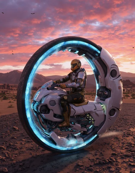 By Brandon Le. A futuristic sci-fi scene shot from a distant camera angle of a futuristic motorcycle ridden by a humanoid figure in a desert landscape at sunset. The scene takes place in a rocky, shady landscape with distant mountains and a distant structure in the distance. The sky is filled with vibrant colors of pink, orange, and purple hues, with a few birds flying overhead. The futuristic motorcycle is composed of a single large, bright, blue wheel, with its sleek design and intricate details visible. The seat the humanoid figure sits on is inside the large wheel. The overall atmosphere is that of a post-apocalyptic desert, with the setting sun casting a warm glow over the scene.