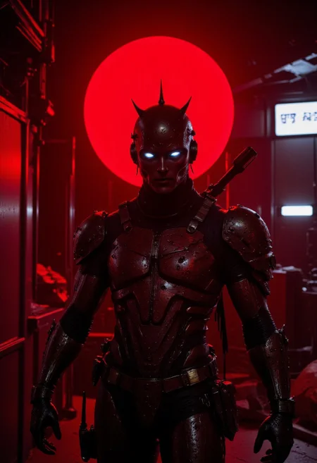 Infrared Photos Style, best quality, solo focus,
solo, gantz-advancedsuit, osaka \(city\), doutonbori, (midnight,neon sign:1.3), gantz advanced suit, bloody spike helmet, white aura behind protagonist, firestorm, red sphere in the background, force field, activism, against the system