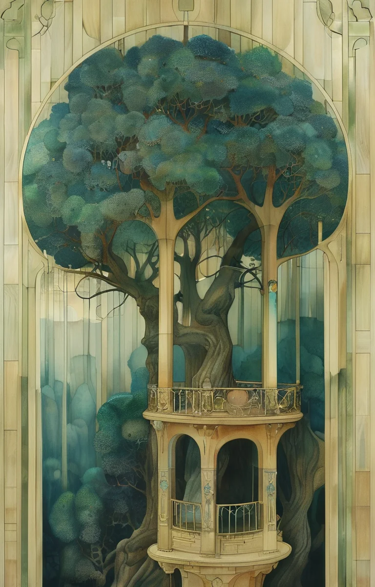 masterpiece,best quality,<lora:tbh309-sdxl:0.9>,illustration,designed by Victor Horta, Whimsical treehouse complex in a lush forest, channeling the spirit of Antoni Gaudí