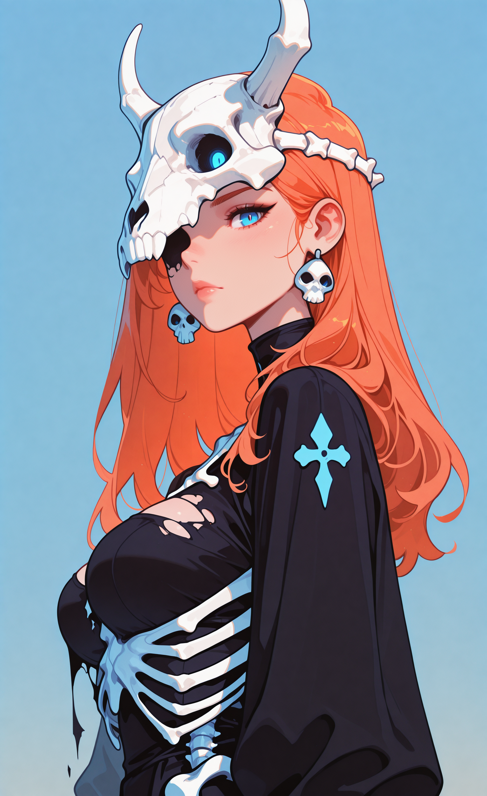 masterpiece, best quality, good quality, newest, highres, absurdres, 1girl, solo, long hair, breasts, looking at viewer, blue eyes, simple background, dress, closed mouth, upper body, orange hair, black dress, from side, lips, torn clothes, gradient background, blue background, one eye covered, skull, skeleton, bone, skull mask, animal skull, melanch0ly, retro anime, <lora:illustriousXL_stabilizer_v1.23:0.3> <lora:NOOB_vp1_detailer_by_volnovik_v1:0.3> <lora:ponyv6_noobE11_2_adamW-000017:0.45> <lora:checkpoint-e18_s306:1.5> <lora:haiz_ai_illu:0.7> <lora:MelancholyAnime:0.7000000000000001>