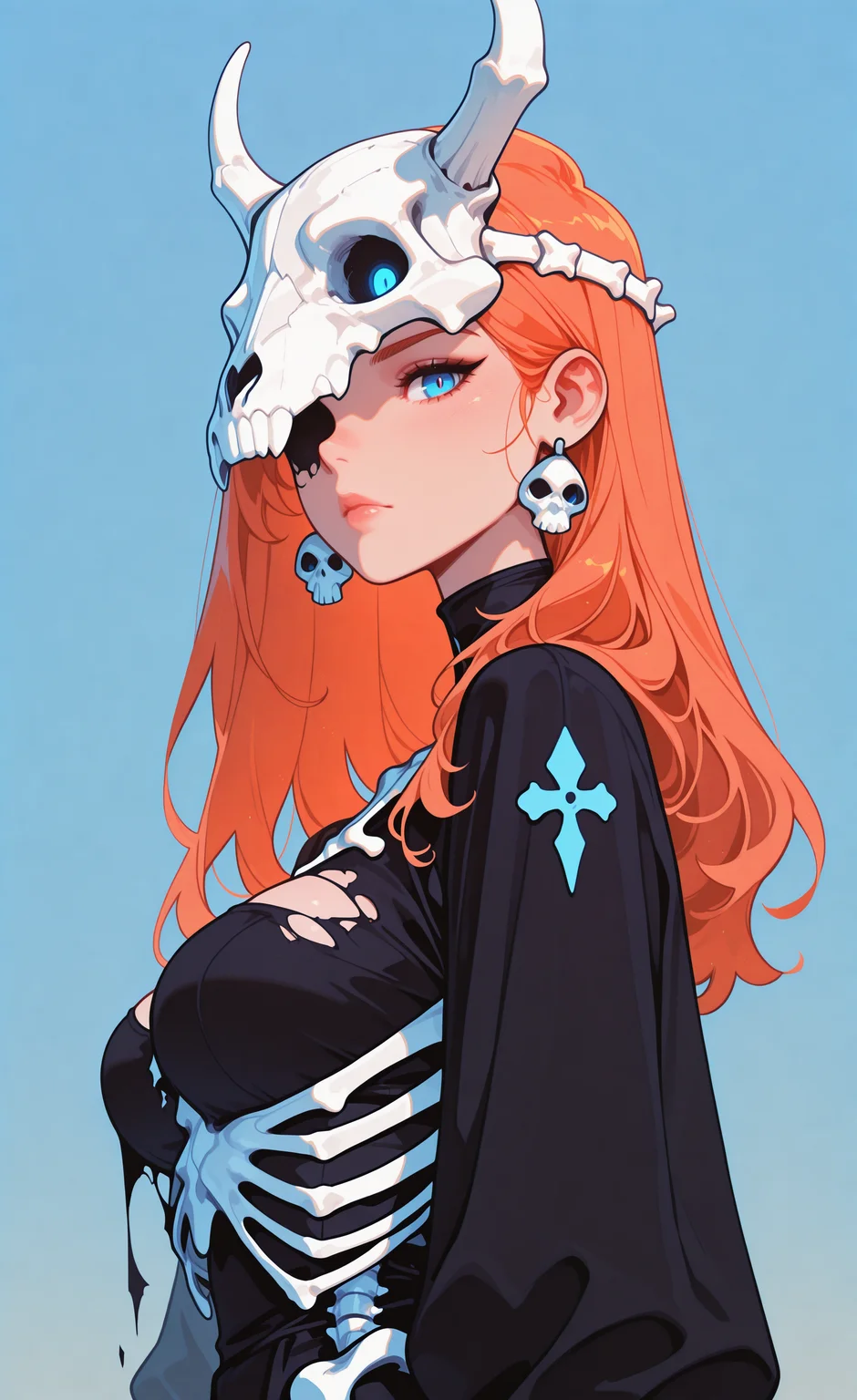 masterpiece, best quality, good quality, newest, highres, absurdres, 1girl, solo, long hair, breasts, looking at viewer, blue eyes, simple background, dress, closed mouth, upper body, orange hair, black dress, from side, lips, torn clothes, gradient background, blue background, one eye covered, skull, skeleton, bone, skull mask, animal skull, melanch0ly, retro anime, <lora:illustriousXL_stabilizer_v1.23:0.3> <lora:NOOB_vp1_detailer_by_volnovik_v1:0.3> <lora:ponyv6_noobE11_2_adamW-000017:0.45> <lora:checkpoint-e18_s306:1.5> <lora:haiz_ai_illu:0.7> <lora:MelancholyAnime:0.7000000000000001>