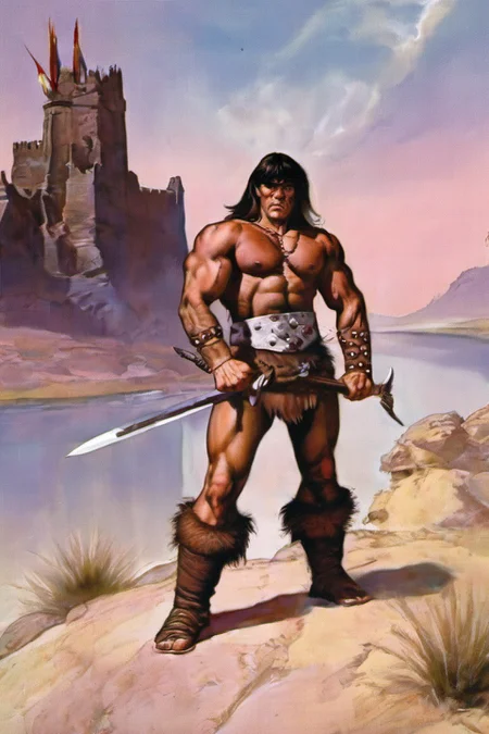 <lora:Fantasy_art_XL_V1:1> a barbarian in a heroic pose, desert scene with a river, castle in the background