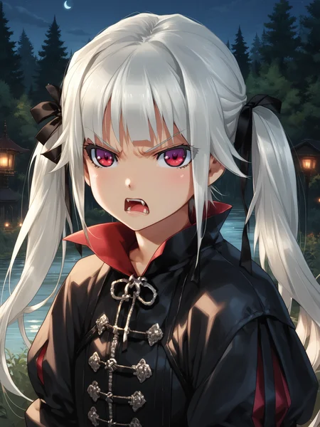 (upper body, solo focus:1.2) <lora:happy_tentacle-kirie-v0.2-000020:0.8>, ht_kirie, twintails, hair ribbon, (silver hair:0.5), (red eyes, vampire, fangs:0.5) (petite:1.2), <lora:Shed_The_Skin's StS_age_slider_v1_initial_release:-1.5> ( :1.1) ( , , (angry :1.2) , , looking up :1.2) outdoors, vegetation, (overgrown :1.1), , (night, night sky :0.6), (cloudy sky:0.6) , (:0.5), , (modern architecture :0.9), (forest:1.2), lake ( :0.8) score_9, score_8_up, score_7_up, score_6_up, score_5_up, score_4_up, ( [(realistic, photorealistic:1.3):(realistic:1.2):16] [(3d:1.2)::14] :1) <lora:LUUNA's Lunas-NijiJourney-SDXL-B2:0.35>, nijijourney <lora:prgfrg23's Counterfeit-V3.0 Style SDXL_LoRA_Pony Diffusion V6 XL:0.6> <lora:mfcg's mfcgXL:0.12> <lora:reweik's gyokai(himehajime)_PonyXL_style_v01:0.14>