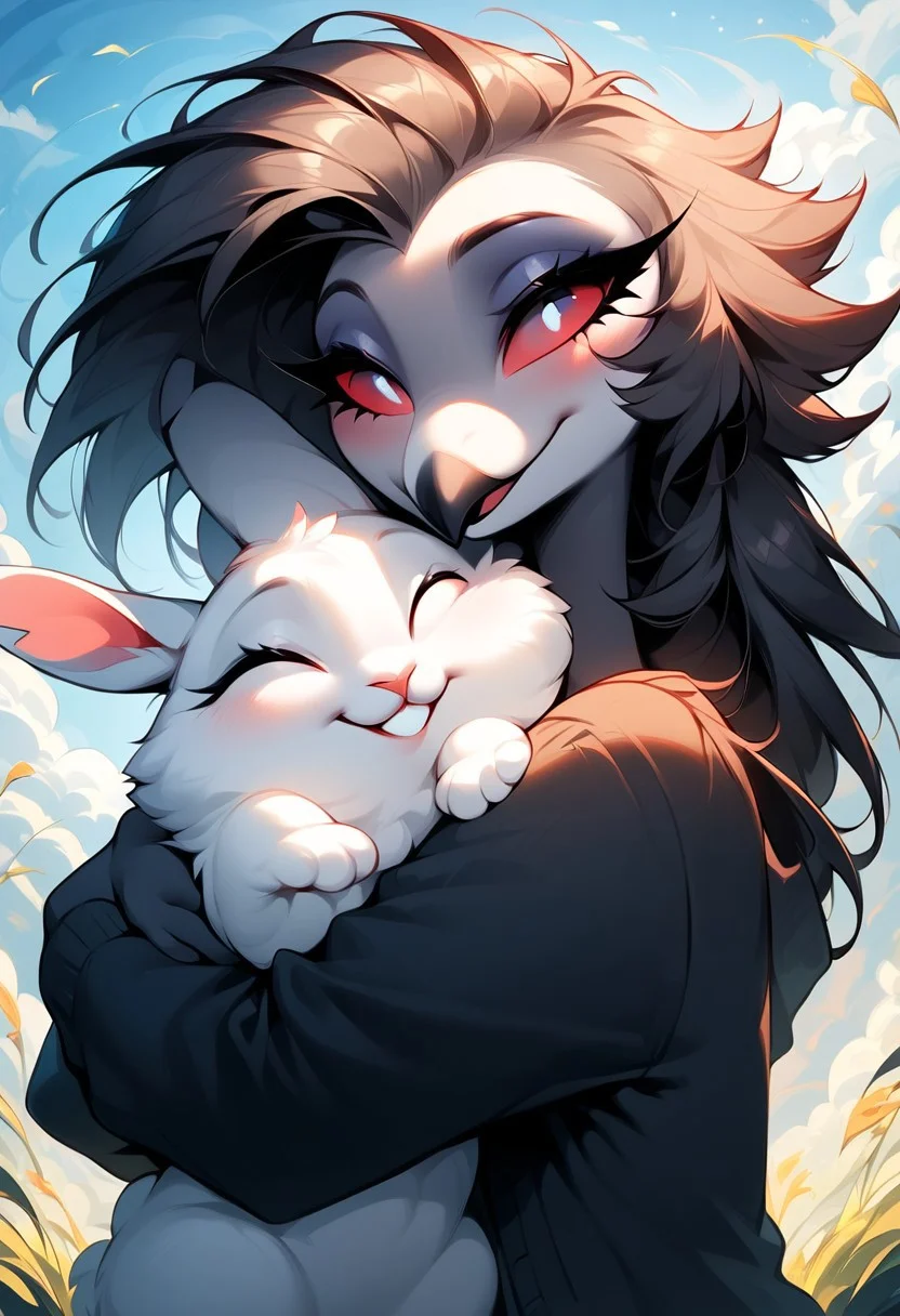 masterpiece, score_9_up, score_8_up, score_7_up, score_6_up, source_furry, (best quality:1.1), ultra-detailed, high resolution, solo, highly detailed macro illustration, octavia, from helluva boss, beak, soft smile, slim, red sclera, cute, long eyelashes, oversized scarf, cardigan, outside, (beautiful detailed eyes) BREAK (hugging a white rabbit:1.3) BREAK sharp focus, perfect lighting, anatomically correct, extremely detailed, tranquil setting, high detail, serene and cozy, Expressiveh, detailed background, OverallDetail, zPDXL3