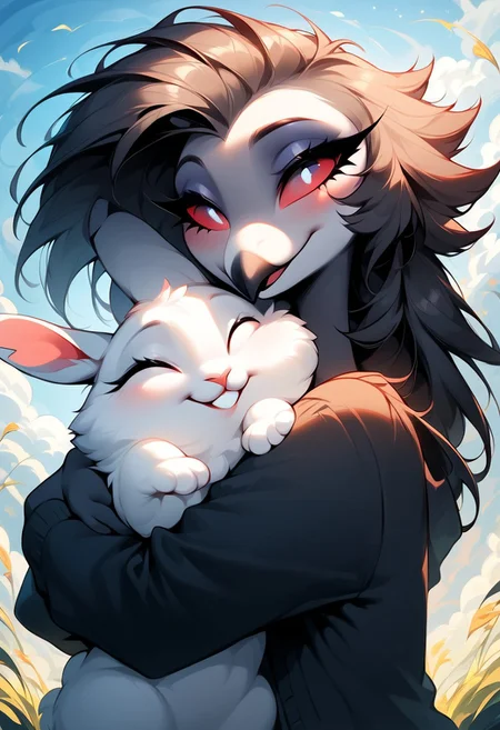 masterpiece, score_9_up, score_8_up, score_7_up, score_6_up, source_furry, (best quality:1.1), ultra-detailed, high resolution, solo, highly detailed macro illustration, octavia, from helluva boss, beak, soft smile, slim, red sclera, cute, long eyelashes, oversized scarf, cardigan, outside, (beautiful detailed eyes) BREAK (hugging a white rabbit:1.3) BREAK sharp focus, perfect lighting, anatomically correct, extremely detailed, tranquil setting, high detail, serene and cozy, Expressiveh, detailed background, OverallDetail, zPDXL3