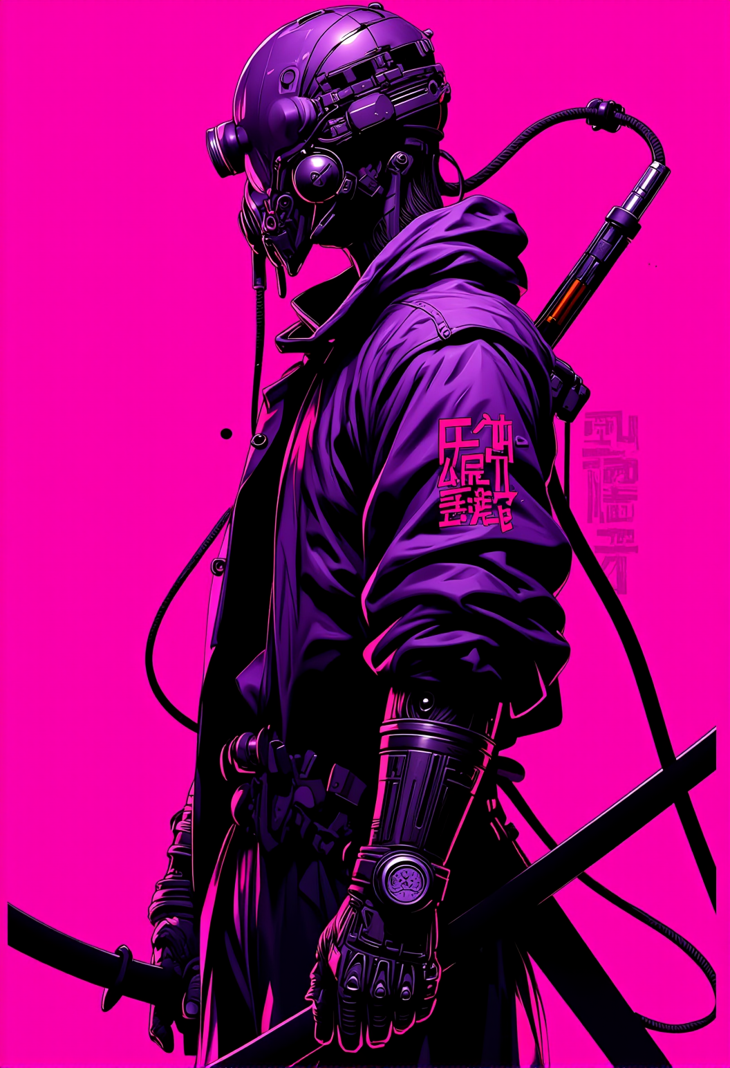 In the style of anime, a cyberpunk warriorin front of a solid intense pink background, (with the text "Neon Art Style":1.5) prominently displayed in the upper part of the image in cyberpunk font., <lora:bv-neoartsty.safetensors:1.0:1.0>