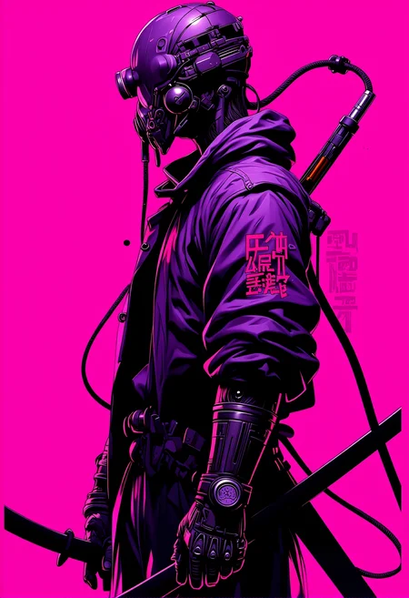 In the style of anime, a cyberpunk warriorin front of a solid intense pink background, (with the text "Neon Art Style":1.5) prominently displayed in the upper part of the image in cyberpunk font., <lora:bv-neoartsty.safetensors:1.0:1.0>
