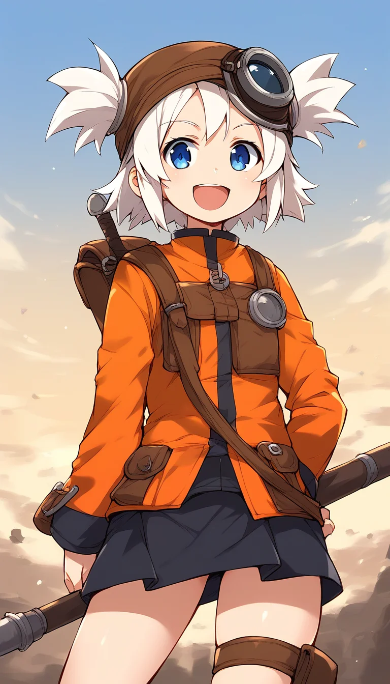 score_9, score_8_up, score_7_up, source_anime, rating_explicit, BREAK <lora:Pratty_XL:1> Pratty, blue eyes, short hair, goggles, white hair, short twintails, hair through headwear, brown headwear,
1girl, solo, open mouth, weapon, smile, holding, looking at viewer, long sleeves, :d, polearm, holding weapon
orange long sleeves, bag, skirt, short twintails, looking at viewer, standing, blue eyes, thigh strap, :d
standing, cowboy_Shot
outdoor, sky,