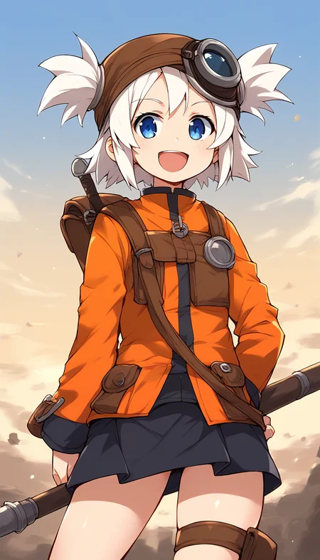 score_9, score_8_up, score_7_up, source_anime, rating_explicit, BREAK  <lora:Pratty_XL:1> Pratty, blue eyes, short hair, goggles, white hair, short twintails, hair through headwear, brown headwear, 
1girl, solo, open mouth, weapon, smile, holding, looking at viewer, long sleeves, :d, polearm, holding weapon
 orange long sleeves, bag, skirt, short twintails, looking at viewer, standing, blue eyes, thigh strap, :d
standing, cowboy_Shot
outdoor, sky,