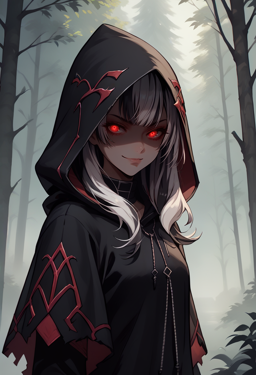 score_9, score_8_up, score_7_up, source_anime, 1girl, cowboy shot, looking at you, smirk, shaded face, <lora:VeyleFE-pdxl:1> rndVeyl, red eyes, glowing eyes, sidelocks, multicolored hair, hood, hood up, black cloak, outdoors, forest, fog
