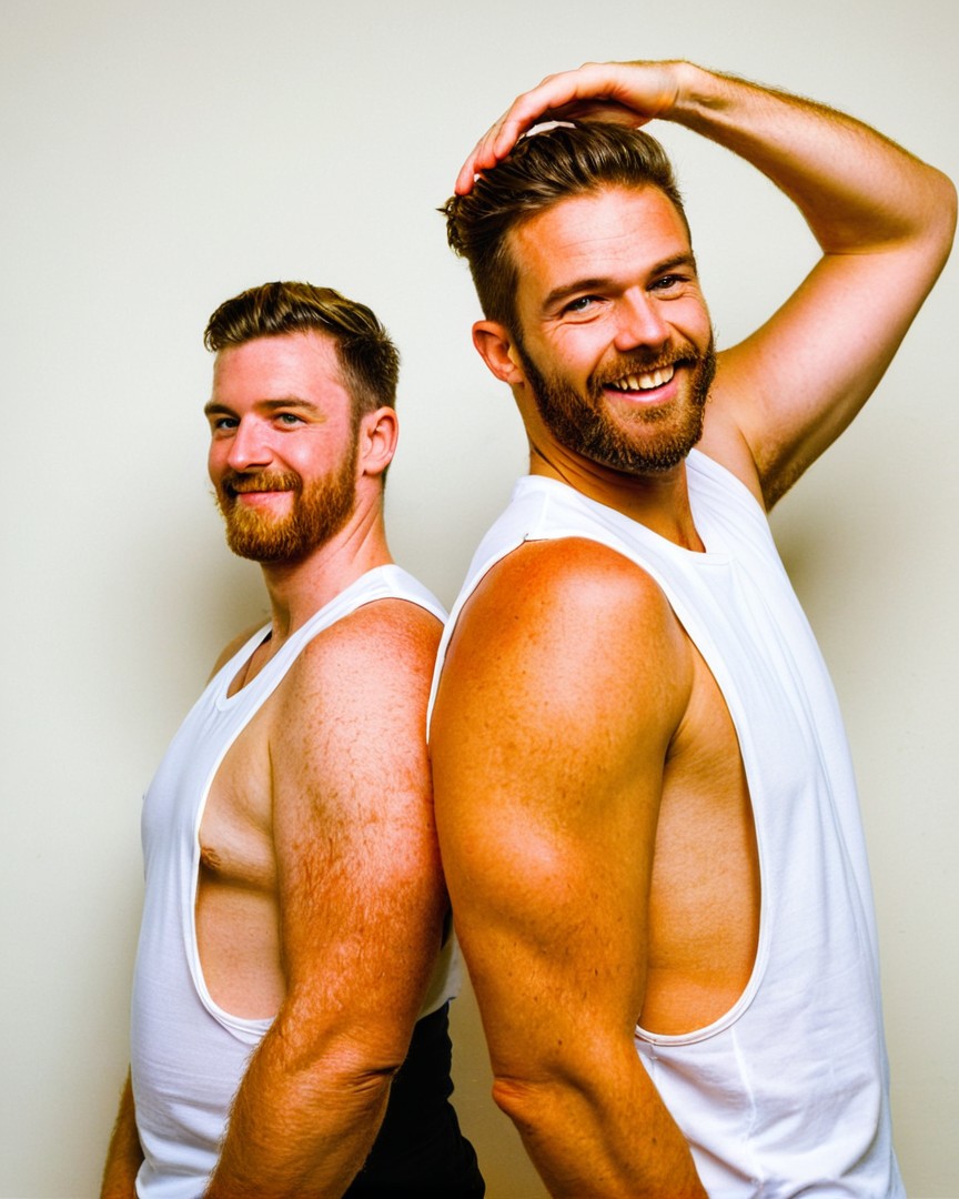 two person (back to back:1.2), one handsome happy hairy man and woman (medium body shot:1.2) of 28 years old Irish on a white background wearing a (tank:1.1) stringer (shirt:1.15) with (extreme low-cut dropped side holes:1.3), face, head, hands down, armpit hair popping out, woman big cleavage side boobs <lora:StringerSDXL_v1-000013:0.9@0,0.9@0.35,0.2@0.35>,  natural lighting, 4k uhd, dslr, soft lighting, high quality, Fujifilm XT3,