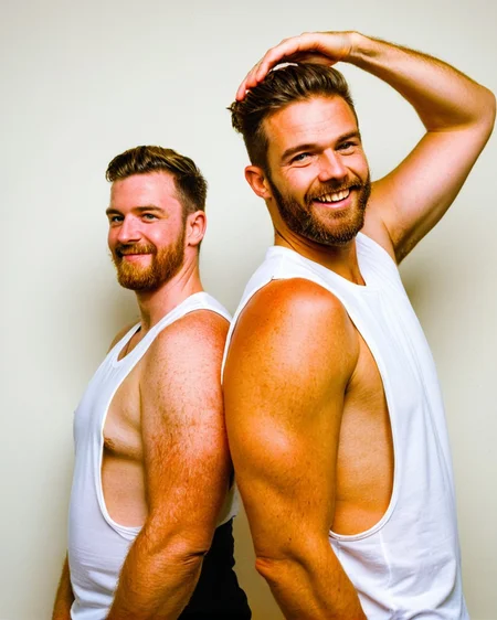 two person (back to back:1.2), one handsome happy hairy man and woman (medium body shot:1.2) of 28 years old Irish on a white background wearing a (tank:1.1) stringer (shirt:1.15) with (extreme low-cut dropped side holes:1.3), face, head, hands down, armpit hair popping out, woman big cleavage side boobs <lora:StringerSDXL_v1-000013:0.9@0,0.9@0.35,0.2@0.35>, natural lighting, 4k uhd, dslr, soft lighting, high quality, Fujifilm XT3,