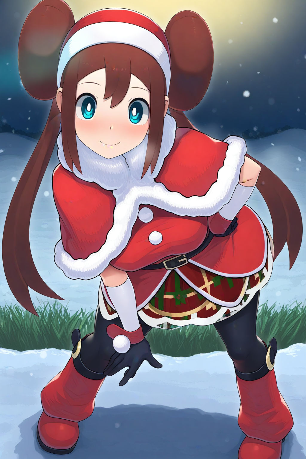 2d, masterpiece, best quality, amazing quality, 1girl, solo, close-up, standing, smile, full body, leaning_forward, looking at viewer, meadow, night, snow, ,rosanta, def colors, rosa \(pokemon\), blue eyes, white pupils, brown hair, long hair, bangs, twintails, double bun, sleeveless dress, red dress, santa costume, santa hat, fur trim, fur-trimmed capelet, red capelet, black belt, black gloves, white elbow gloves, black pantyhose, knee boots, red footwear,  masterpiece, best quality, amazing quality, highres, absurdres, newest