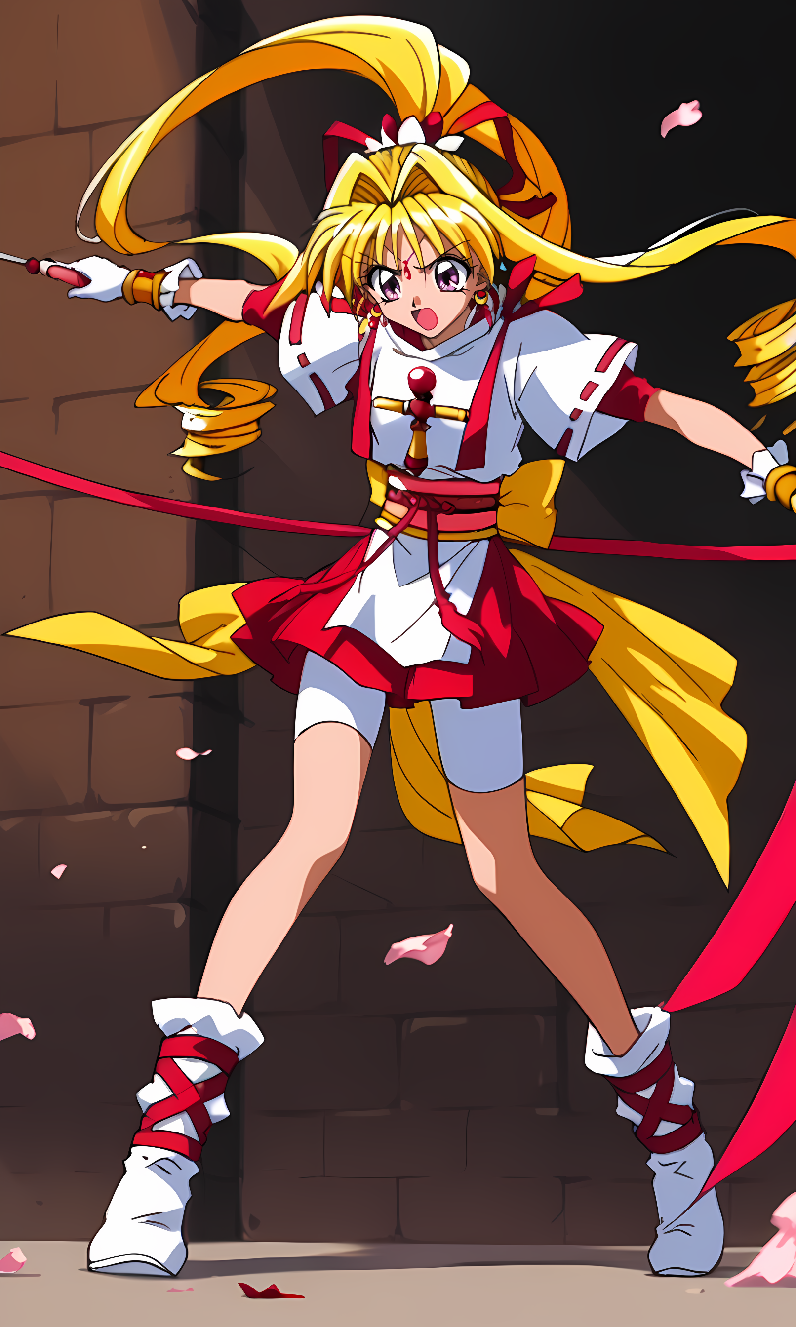 8k, best quality, solo, cute, score_9, score_8_up, score_7_up, 90s anime, masterpiece, source_anime,  KKJs2, artist A style, purple eyes, forehead jewelry, blonde hair, very long hair, hair intakes with drill long sidelocks, one high drill ponytail at the back, red hair ribbon with white octagonal decoration, earrings, red inner clothes with white edges, white outfit, folded standing collar, white collar, white side slit and long shirt tail, red accents on white short sleeves, short red inner sleeves, exposed lower arms, shoulder decorations, red ribbon decorations on shoulders, cross ornament on chest, gold bracelet, long white gloves, (red and yellow sash:1.2), red rope with tassels, large yellow bow, red layered miniskirt, white bike shorts, covering thighs, bare thighs between bike shorts and boots, white boots, red crisscross ribbon wrapping around boots, serious, holding 1ribbon wand, red ribbon, dynamic pose, full body, dark environment, brick wall, fighting stance, open mouth, flowing petals, 