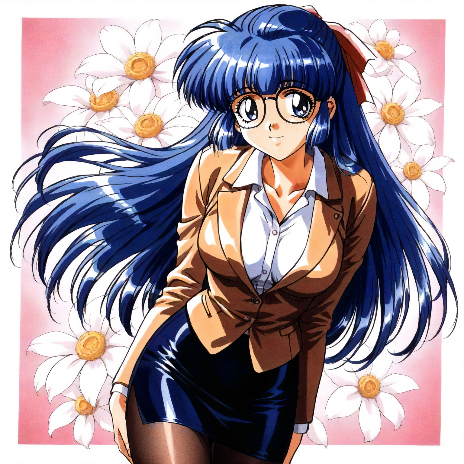 <lora:RC_maria_custardXLanimagine001>,
masterpiece,high score,great score,absurdres,
flower background,glitter,
smile,
looking at viewer,
solo,
anime coloring,retro artstyle,1990s (style),
maria_custard\(rance_series\),1girl,blue hair,half updo,hair ribbon,long hair,blue eyes,glasses,
cowboy shot,standing,
business_suit,pencil_skirt,pantyhose,