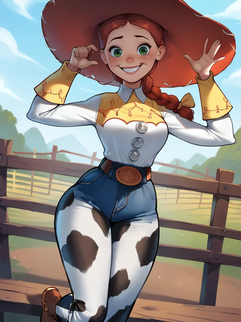 score_9, score_8_up, score_7_up, score_6_up, JessieXLP lay on bench, sexy pose, smile, nervous, hat, red hair, braid, bow, belt, animal print, cow print, pants, boots, medium breasts, narrow waist, wide hips, thick thighs, looking at viewer, cowboy shot, cartoon, dynamic pose, smile, cute, wide shot, solo, farm, disney, dutch angle, 
 <lora:JessieXLP_character:1>  <lora:Lunas-Popogori-SDXL-A1:0.8>