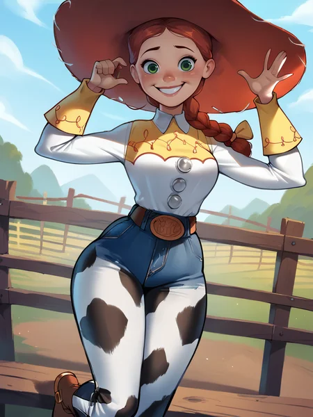 score_9, score_8_up, score_7_up, score_6_up, JessieXLP lay on bench, sexy pose, smile, nervous, hat, red hair, braid, bow, belt, animal print, cow print, pants, boots, medium breasts, narrow waist, wide hips, thick thighs, looking at viewer, cowboy shot, cartoon, dynamic pose, smile, cute, wide shot, solo, farm, disney, dutch angle, 
 <lora:JessieXLP_character:1>  <lora:Lunas-Popogori-SDXL-A1:0.8>