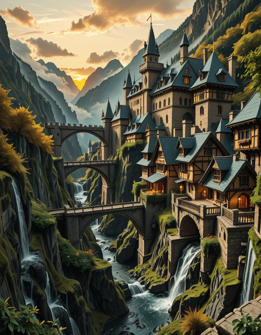 A breathtaking medieval fantasy city nestled in a lush valley, surrounded by towering mountains and dense forests. A grand castle with multiple towers and turrets stands atop a hill, overlooking the town below. The city consists of charming half-timbered houses with glowing windows, perched on rocky cliffs and connected by stone bridges over cascading waterfalls. The river flows through the village, reflecting the warm golden lights of lanterns and torches. Ivy and moss grow over the stone walls, adding to the enchanted, ancient atmosphere. The background features misty mountains with additional fortresses and watchtowers, partially hidden by low-hanging clouds. The sky is illuminated by a soft, warm sunset, casting a golden glow on the scenery, creating a perfect blend of realism and fantasy. Highly detailed, cinematic, and immersive, with a magical, fairy-tale ambiance.
<lora:SDXLFaeTastic2400:0.4> <lora:extremely_detailed:0.4> extremely detailed, ,medieval f4nt4sy c1ty <lora:medieval_f4nt4sy_c1ty-i:1>, Masterpiece,best quality,hi res,8k,hi res,8k,award winning,(sharp focus, intricate, highly detailed),